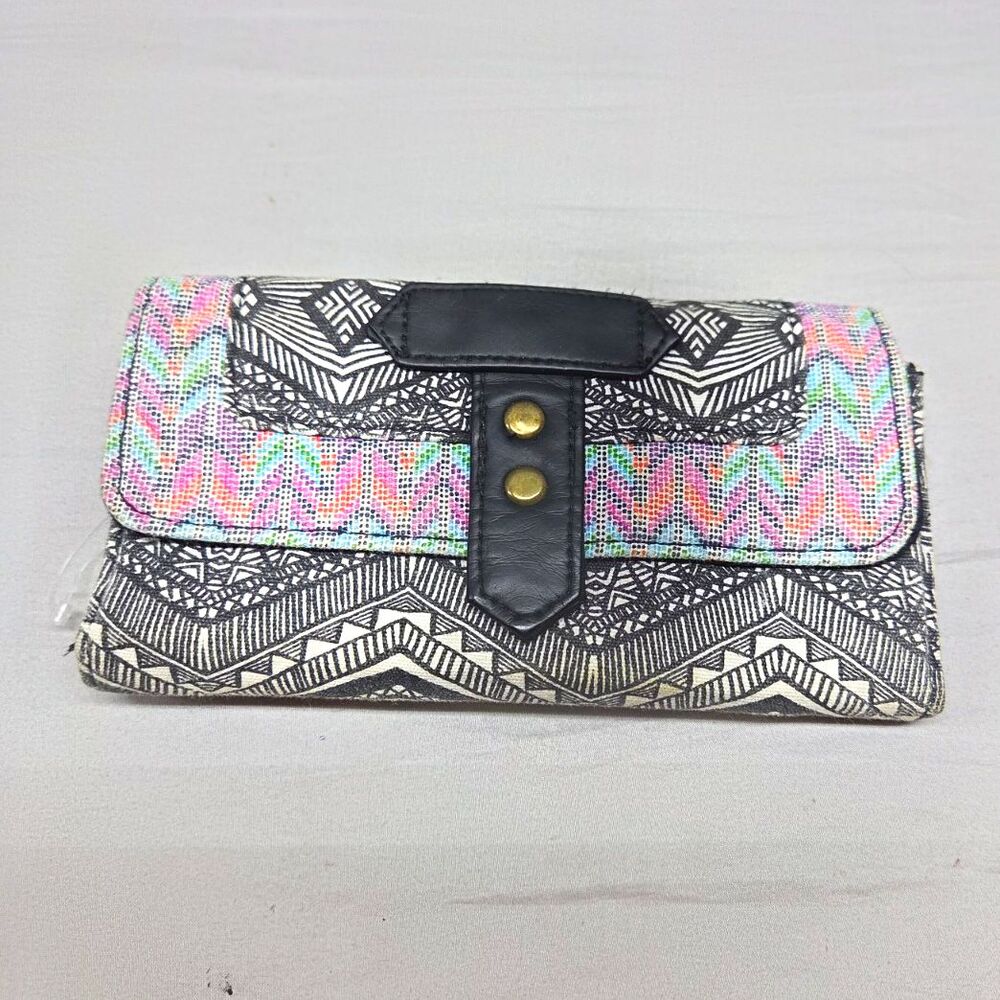 Geometric Aztec Tribal Zip-Around Wallet Canvas & Faux Leather 8x4 Black